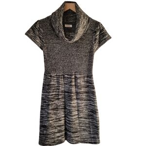 Calvin Klein Cowl Neck Marled Black/Grey Short Sleeve Midi Sweater Dress Size M